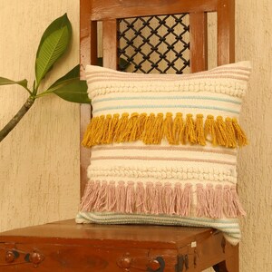 Hand-Loomed Bohemian Cotton Pillow Cover: Braided Fringes, 18x18