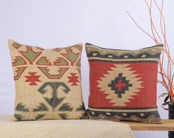 Set of 2 Vintage Kilim Pillow Covers: Handwoven Wool Jute, 18x18 Boho Decor
