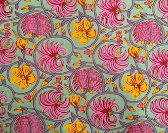 Hand Block Printed Floral Cotton Fabric by Yard, 44" Width
