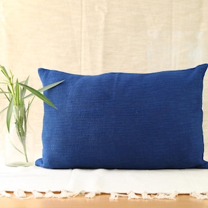 May include: A blue rectangular pillow with a textured fabric surface.