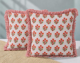 Set of 2 Hand Block Print Pillow Cover Floral Cotton Boho Cushion Cover