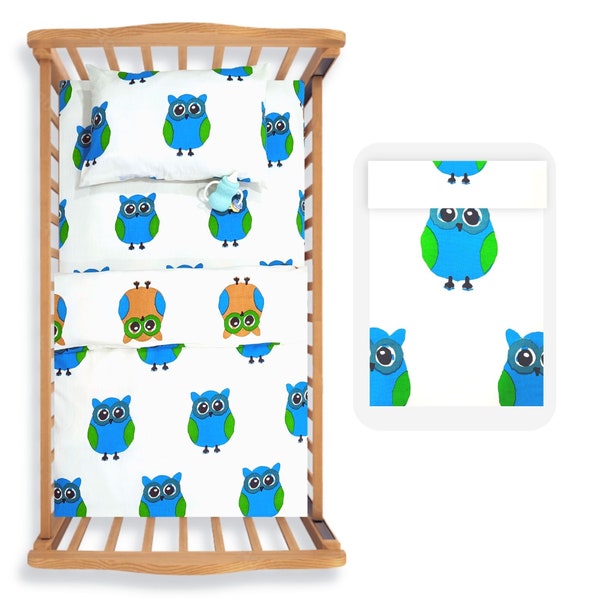 Ensemble de literie pour bébé en pur coton | Literie pour berceau imprimé hibou bloc | Ensemble de housse de couette en tissu doux biologique | Ensemble de housse d’oreiller en drap-housse fait à la main