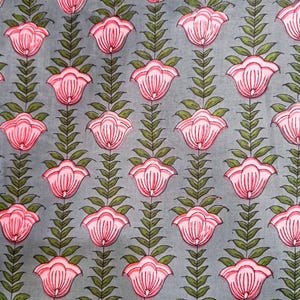 Peut inclure: Un tissu &agrave; motif r&eacute;p&eacute;t&eacute; de fleurs roses et de feuilles vertes sur fond gris. Les fleurs stylis&eacute;es pr&eacute;sentent des contours d&eacute;taill&eacute;s, cr&eacute;ant un design sym&eacute;trique et attrayant. Id&eacute;al pour les textiles ou la d&eacute;coration int&eacute;rieure.