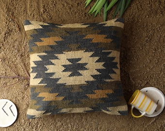 Handwoven Kilim Pillow Cover: Jute Wool Tribal Cushion, 18x18 Boho Decor