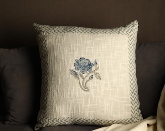 Hand Block Printed Floral Pillow Cover: Sanganeri Style Cotton Cushion (18x18 Inches)
