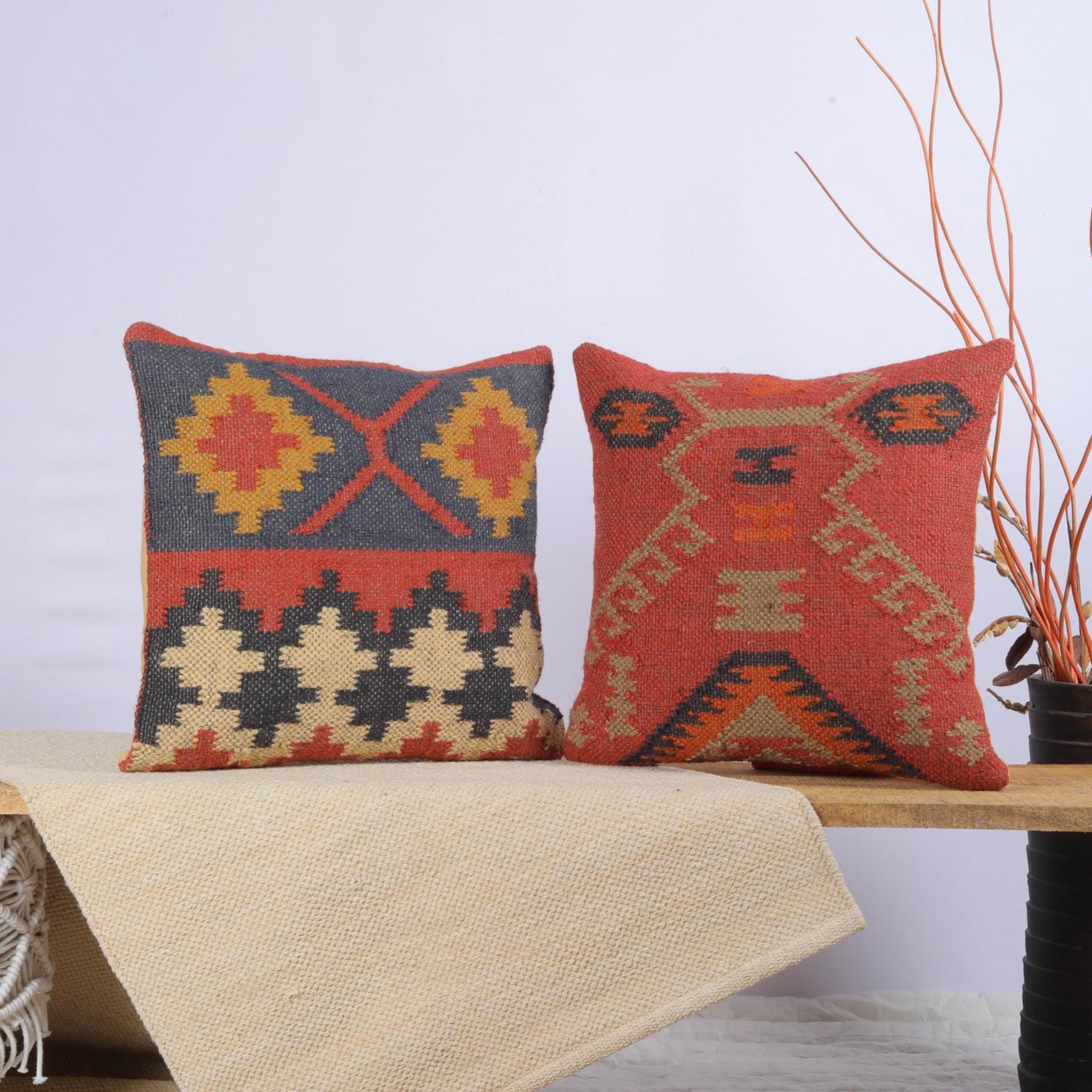 Lot 2 Taies D'oreiller Pottery Barn 18x18 - Kilim Laine Bohème - Multicolore