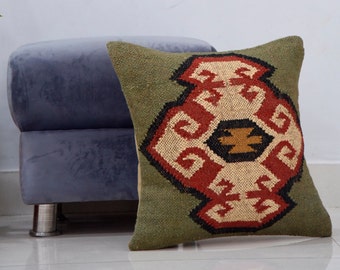 Handwoven Kilim Cushion Cover 45x45 Cms | Jute Wool Pillow Shams | Decorative Kilim Pillow Cover for Living Room Decor