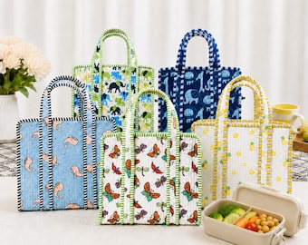 Quilted Cotton Lunch Bag, Hand Block Print Floral Tote, Kids School Lunch Box