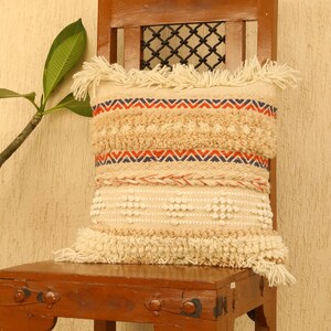 Hand-Loomed Boho Pillow Cover: Knotted Cotton Cushion with Fringes