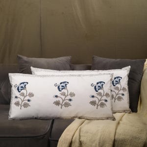 May include: Two white pillow covers with a floral design in shades of blue and gray. The pillows are on a gray couch with a beige throw blanket.