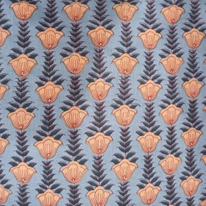 May include: A repeating pattern of stylized flowers and leaves on a light blue background. The flowers are peach-colored with red outlines, and the leaves are dark blue. The design is symmetrical and creates a floral textile pattern.