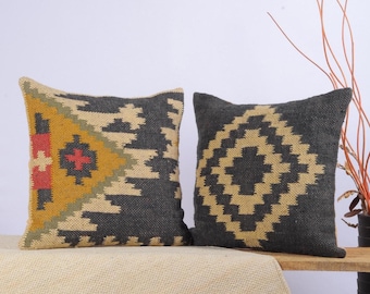 Set of 2 Handwoven Kilim Pillow Covers: Jute Wool, 18x18 Boho Decor
