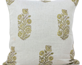 Hand Block Printed Linen Pillow Cover | Blue Floral Boho Farmhouse Decor