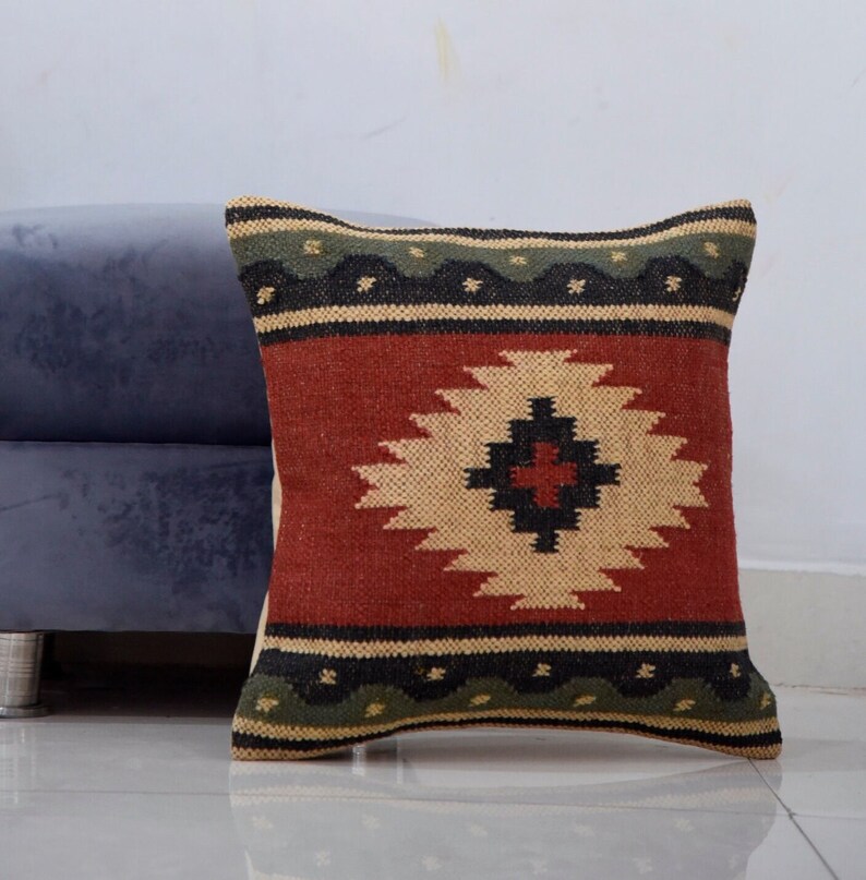 Vintage Kilim Pillow Cover 18x18 Handwoven Aztec Throw Cushion Cover Rug Jute Wool Pillow Shams Bohemian Home Decor Pillow Cover image 1