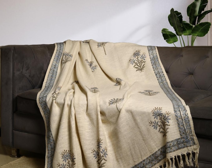 Hand-Loomed Cotton Throw Blanket: Sanganeri Block Print Boho Fringed Decor
