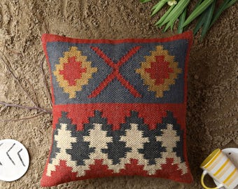 Handwoven Jute Kilim Pillow Cover: Aztec Boho Cushion (18x18 Inches)