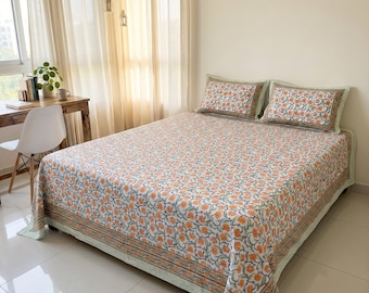 Hand Block Print Cotton Bedsheet 90x108 Inches | Indian Handmade Floral Bedding