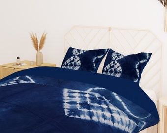 Handmade Queen Duvet Cover | 100% Cotton Donna Cover | Indigo Hand Dyed Duvet Cover Set | Luxury Shibori Duvet Cover Set with 2 Pillow Cover