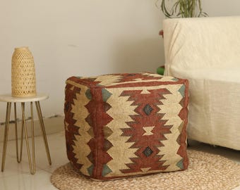Vintage Kilim Jute Wool Pouf Cover: Hand Woven Rustic Ottoman (18x18x18)