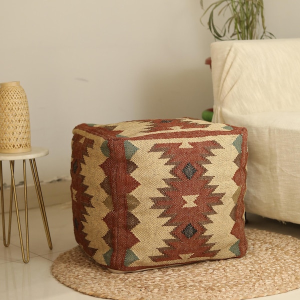 Vintage Kilim Jute Wool Pouf Cover: Hand Woven Rustic Ottoman (18x18x18)