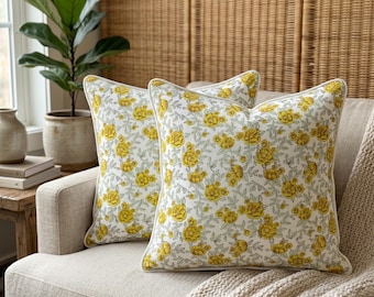Set of 2 Hand Block Printed Cotton Cushion Covers | 18x18 Boho Throw Pillow Decor