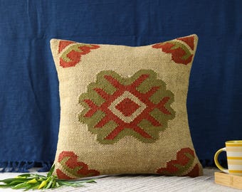 Funda de almohada Kilim de yute tejida a mano: cojín azteca rústico (45 x 45 cm)