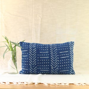 Indigo Boho Lumbar Pillow Cover Decorative Mudcloth Throw Pillow Cover Handloomed Block Print Cotton Canvas Backing Pillow Case