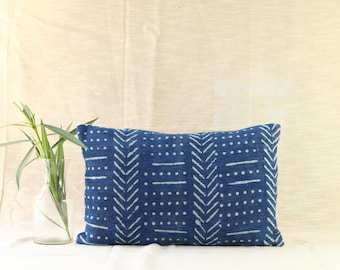 Indigo Mudcloth Lumbar Pillow Cover: Handloomed Block Print, African Style