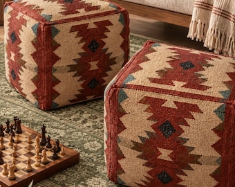 Set of 2 Handwoven Wool-Jute Kilim Pouf Covers (18x18 inches)