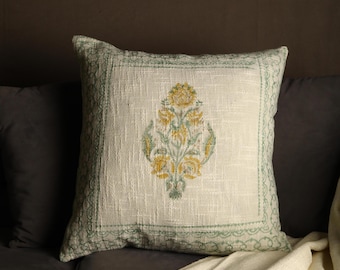 Hand Block Print Pillow Cover: Floral Buta Design, Cotton Slub (18x18 Inches)