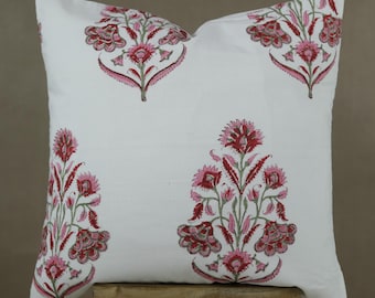Hand Block Print Cotton Pillow Cover: Floral Accent, 18x18 Square