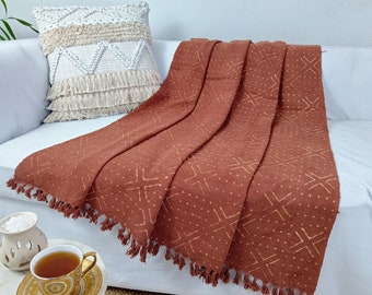 African Rust color Hand Block Print Throws | Mudcloth Fringes Blanket Beach Throw | Sofa Decor Handloomed Throw Blanket