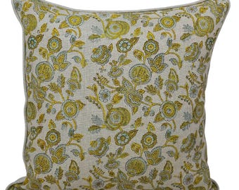 Vintage Style Block Print Linen Pillow Cover | 18x18 Rustic Home Accent
