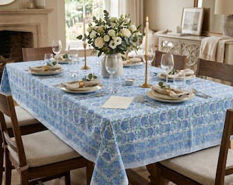 100% Cotton Block Print Tablecloth – Floral Boho Dining Linen (60x90 Inch)
