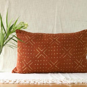 Decorative Mudcloth Lumbar Pillow Cover | Rust Block Print Cotton Pillow Case | Handloomed Handwoven Cafe Decor Pillow Cover