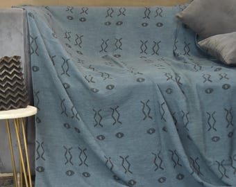 Grijs zwart modderdoek hand blokprint katoenen plaid decoratieve geometrische deken met kwastjes voor bankdecor