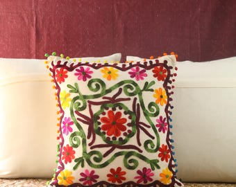 Suzani Embroidered Pillow Cover 18x18 – Boho Floral Cotton / Decorative Throw Pillow
