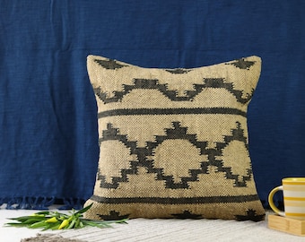 Handwoven Kilim Pillow Cover: Boho Jute Wool Cushion (18x18 Inches)