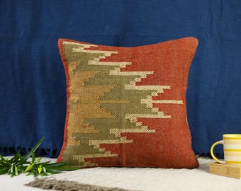 Handwoven Kilim Pillow Cover: Rustic Jute Wool Cushion, 18x18 Boho Throw Pillow