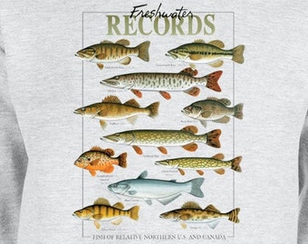 Freshwater Records Fish of US and Northern Canada Walleye Bass Fishing Crewneck Sweatshirt