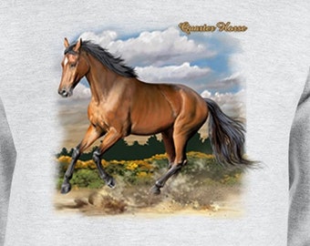May include: A gray sweatshirt with a brown horse running through a field with a blue sky and white clouds in the background. The text "Quarter Horse" is printed on the sweatshirt.