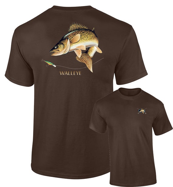 Fishing Jumping Walleye Adult Short Sleeve T-Shirt-Forest Green-Medium