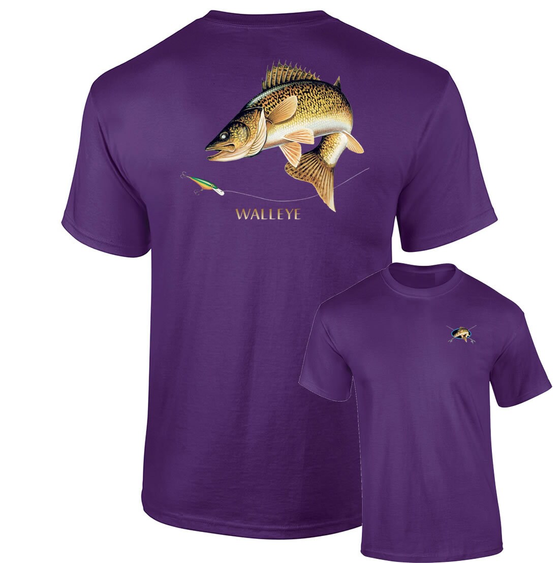 Fishing Jumping Walleye Adult Short Sleeve T-Shirt-Forest Green-Medium