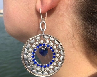 Blue crystal heart, beaded earrings with 925 silver lever back closure, handmade jewelry gift for her, love