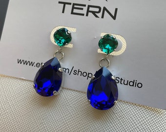 Capri Blue Pear Drop Shape crystals and Round Square Emerald crystals Earrings with silver color Brass Stud, gift for her, love, Jewelry
