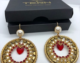 Handmade  Red crystal Heart beaded Earrings with   pearls and Gold color plated 925 Silver lever back closure