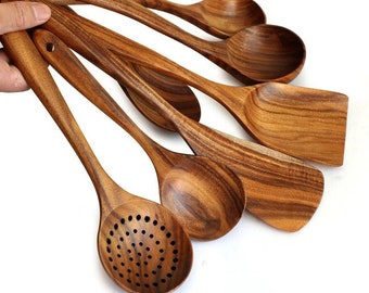 7pcs Wooden Spoon Set Teak Natural Wood Tableware Spoon Ladle Turner Rice Colander Soup Skimmer Cooking Spoon Scoop Kitchen Reusable ToolKit