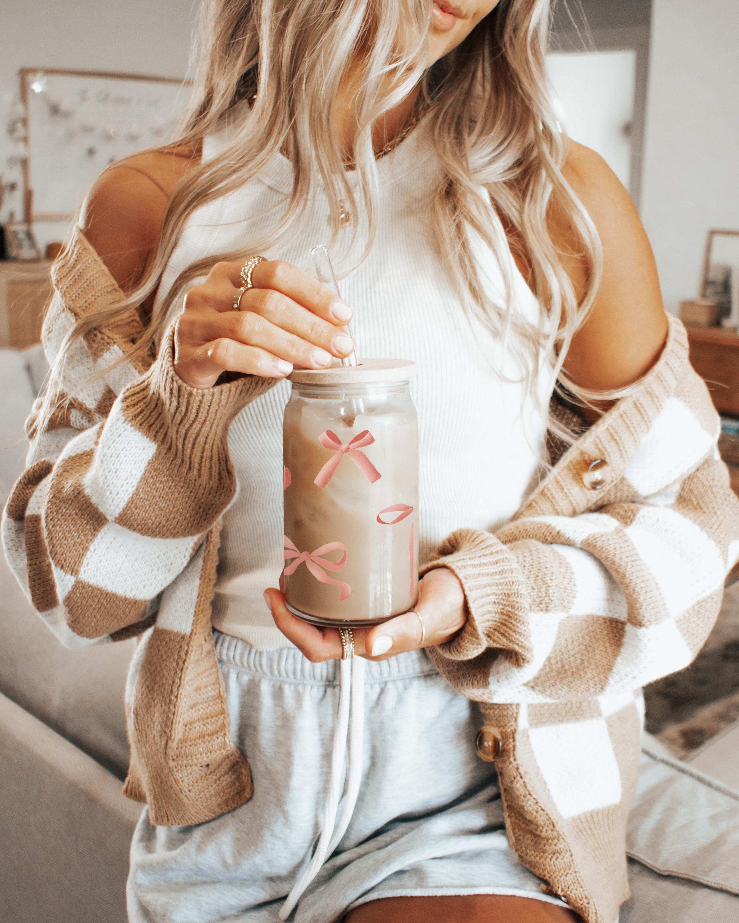 Glass Cup With Pink Bow: Bamboo Lid and Straw - Eco-friendly Drinkware ...