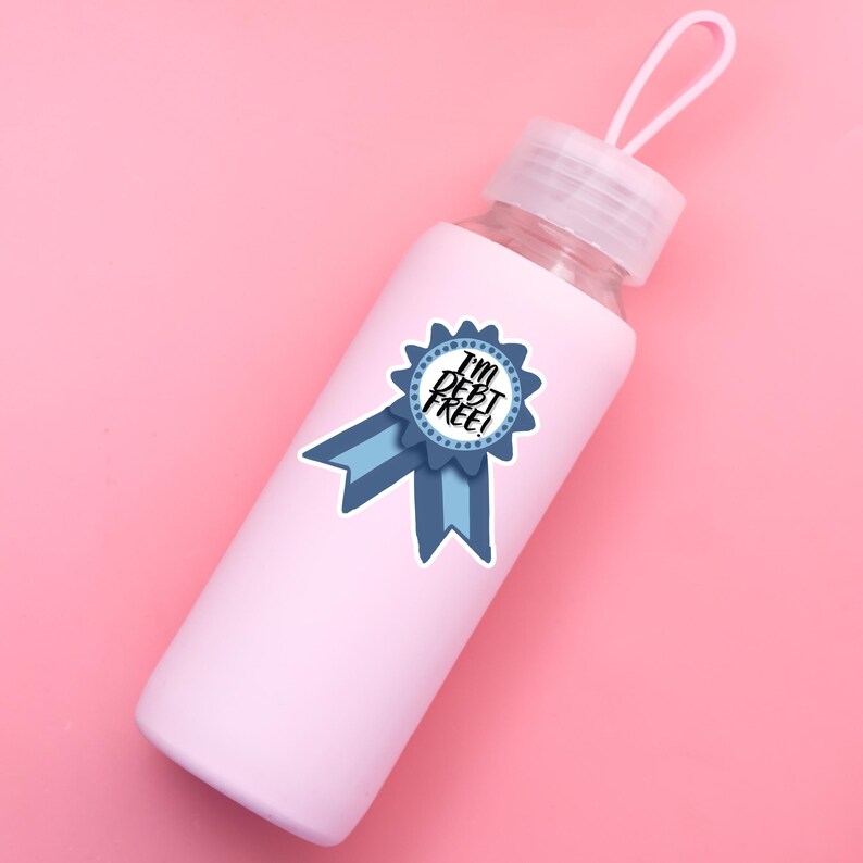 a pink water bottle with a blue ribbon on it