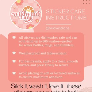 a pink poster with the words sticker care instructions